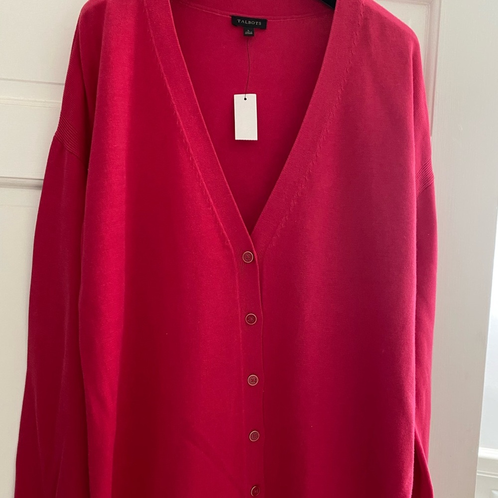 Talbots Cardigan with side vent, red buttons -cotton/ rayon